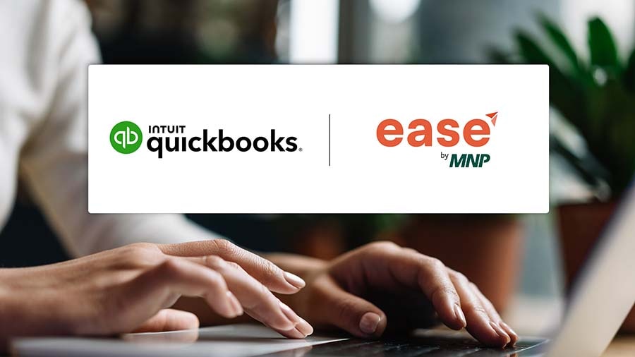 QuickBooks and East by MNP logo over woman typing on laptop